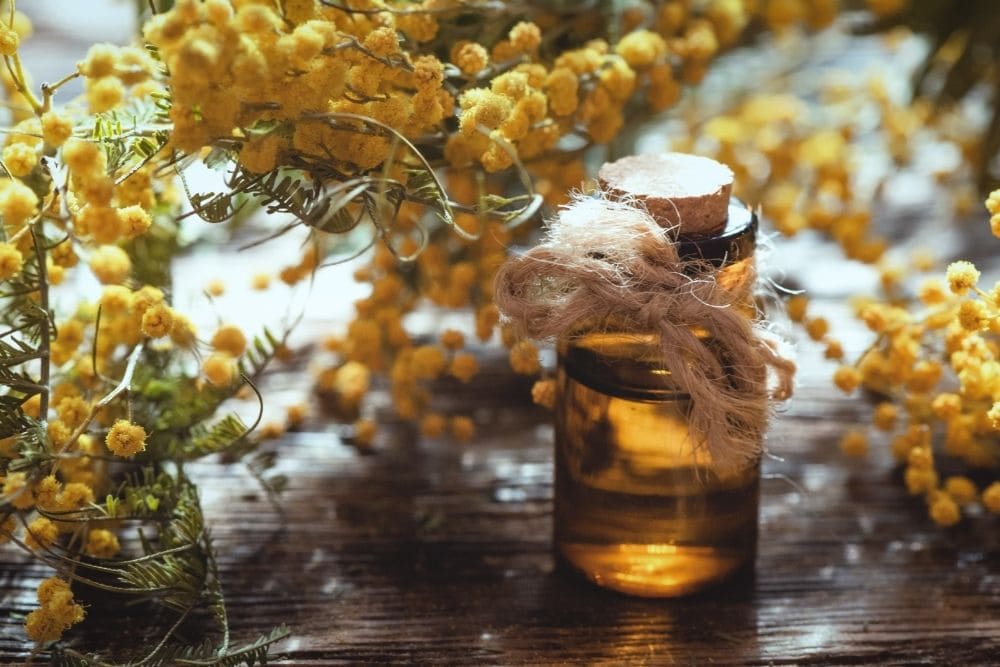 oil bottle and flowers on a table