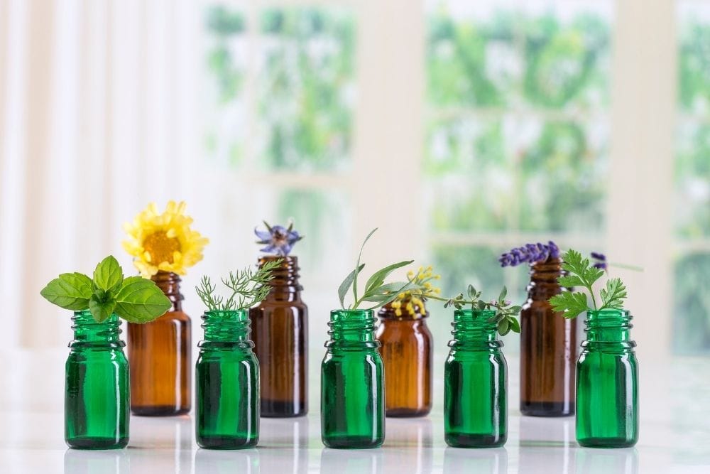 nine essential oil bottles